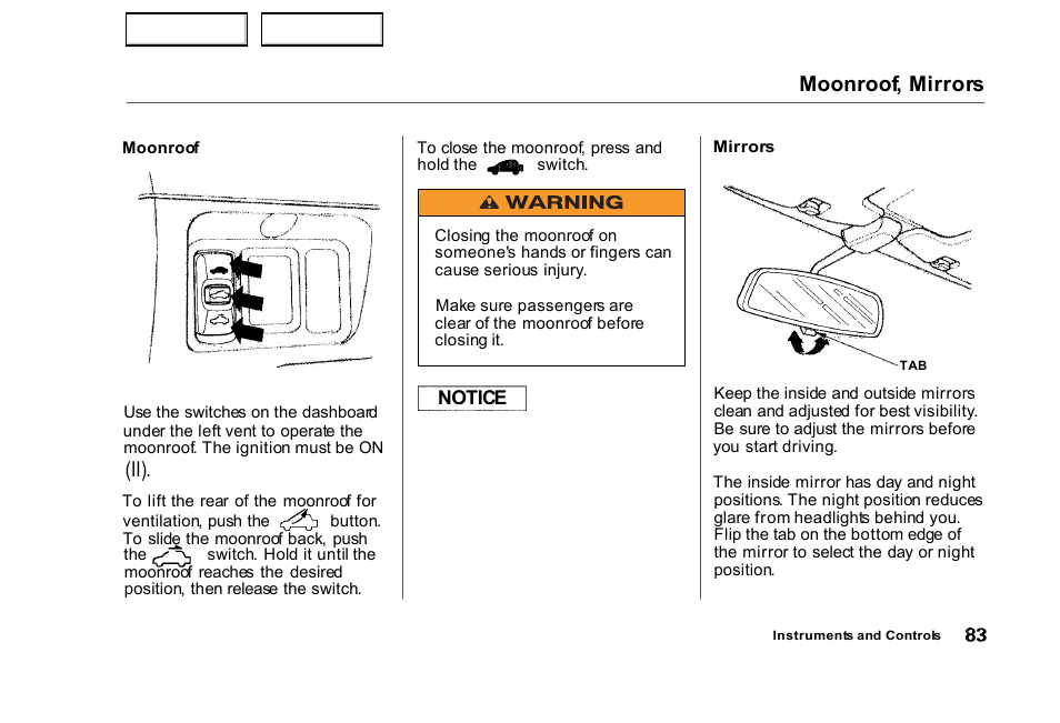 Moonroof, Mirrors, Moonroof, mirrors | HONDA 2000 Civic Sedan - Owner's Manual User Manual | Page 86 / 293