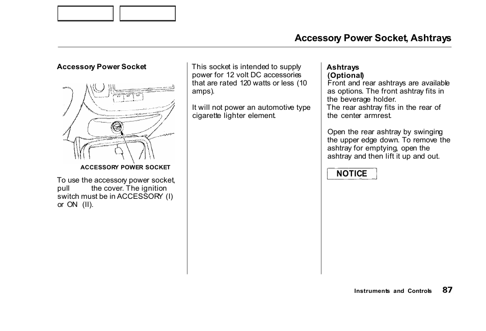 Ashtrays, Accessory power socket, ashtrays | HONDA 2000 Civic Sedan - Owner's Manual User Manual | Page 90 / 293