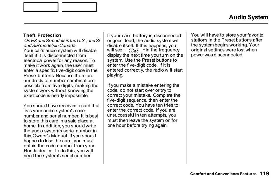 Audio system | HONDA 2000 Civic Coupe - Owner's Manual User Manual | Page 122 / 277