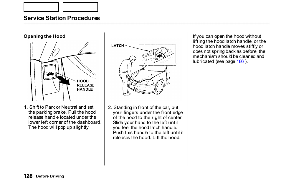 Service station procedures | HONDA 2000 Civic Coupe - Owner's Manual User Manual | Page 129 / 277