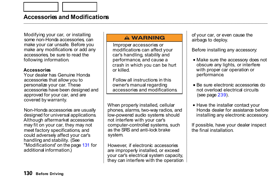 Accessories and modifications | HONDA 2000 Civic Coupe - Owner's Manual User Manual | Page 133 / 277