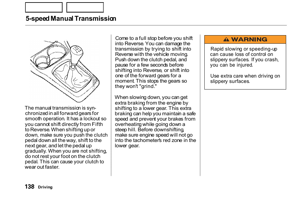 Speed manual transmission | HONDA 2000 Civic Coupe - Owner's Manual User Manual | Page 141 / 277