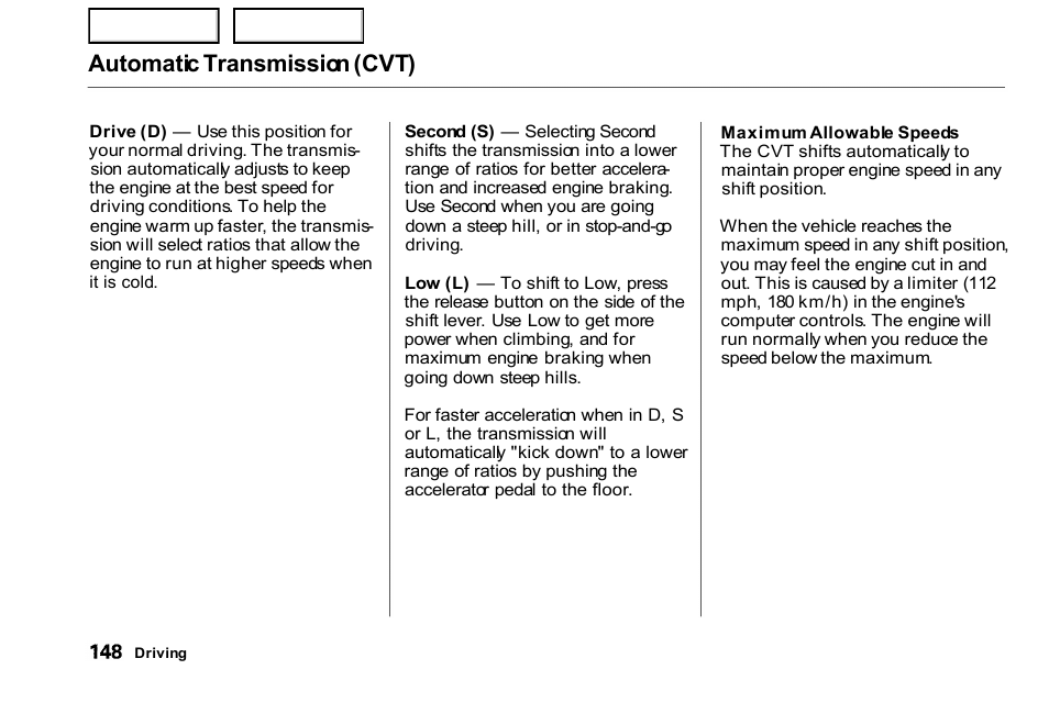 Automatic transmission (cvt) | HONDA 2000 Civic Coupe - Owner's Manual User Manual | Page 151 / 277