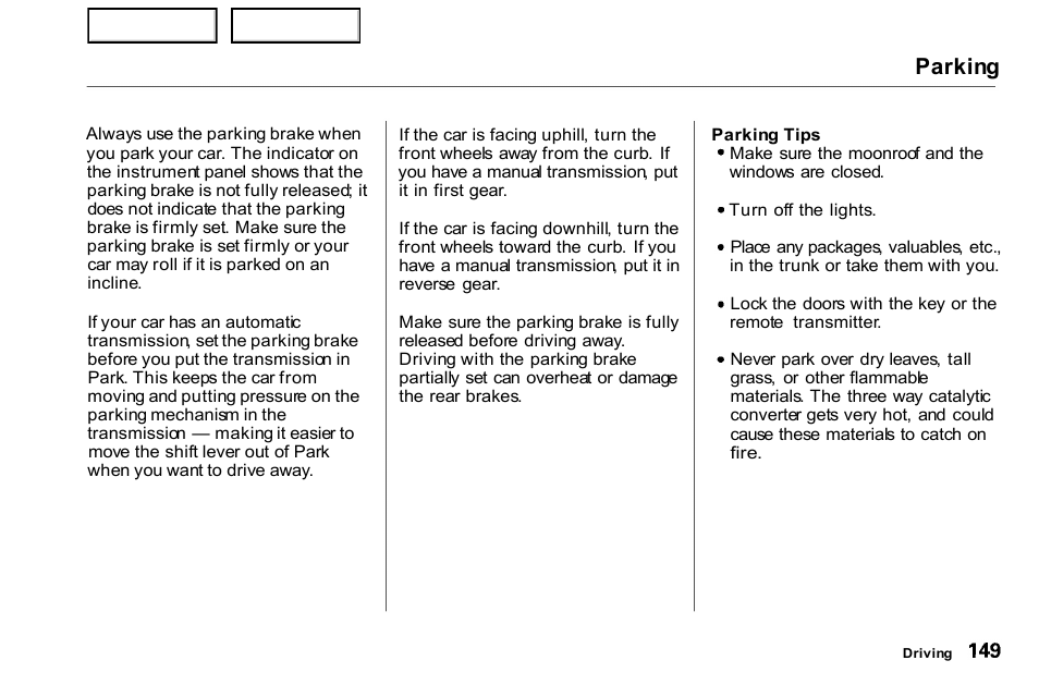 Parking | HONDA 2000 Civic Coupe - Owner's Manual User Manual | Page 152 / 277