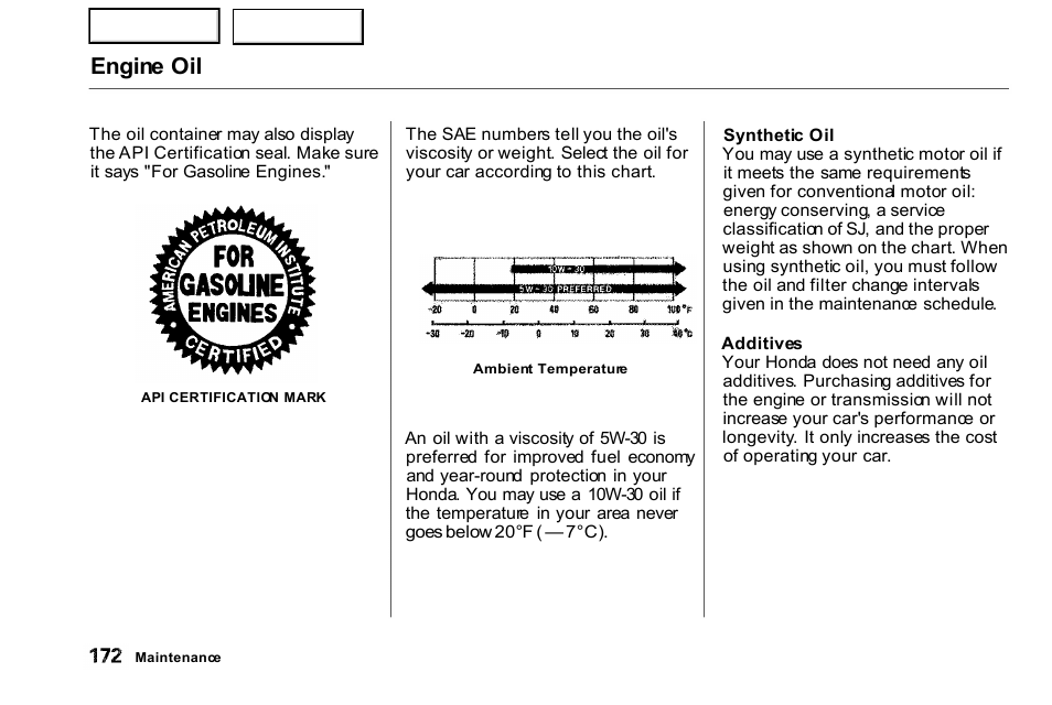 Additives, Engine oil | HONDA 2000 Civic Coupe - Owner's Manual User Manual | Page 175 / 277