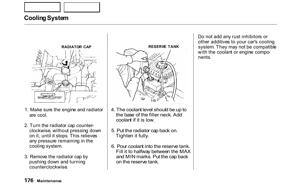 Cooling system | HONDA 2000 Civic Coupe - Owner's Manual User Manual | Page 179 / 277