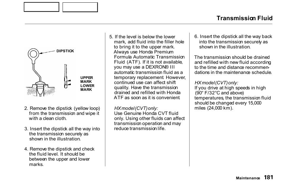Transmission fluid | HONDA 2000 Civic Coupe - Owner's Manual User Manual | Page 184 / 277