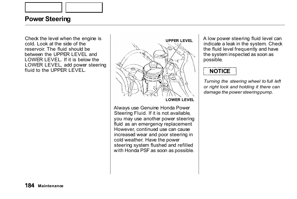 Power steering | HONDA 2000 Civic Coupe - Owner's Manual User Manual | Page 187 / 277