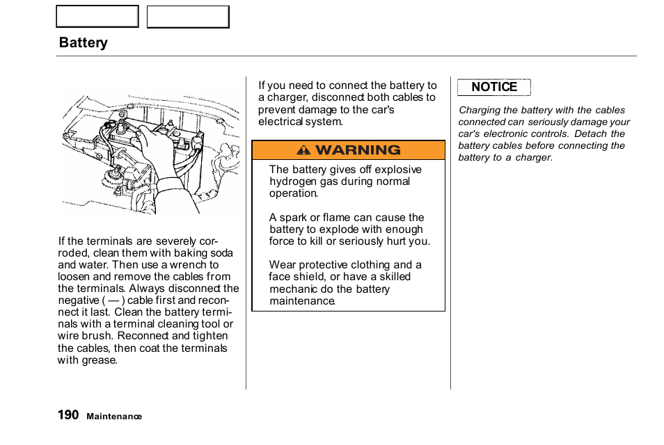 Battery | HONDA 2000 Civic Coupe - Owner's Manual User Manual | Page 193 / 277