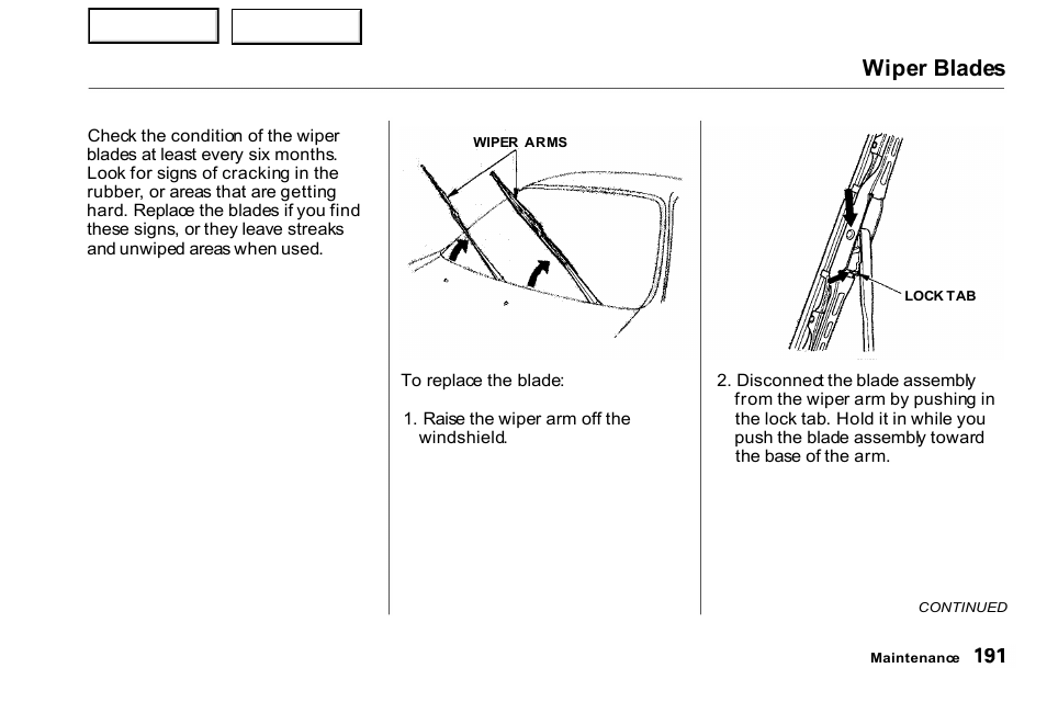 Wiper blades | HONDA 2000 Civic Coupe - Owner's Manual User Manual | Page 194 / 277