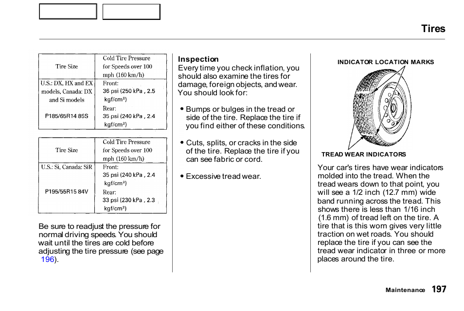 Tires | HONDA 2000 Civic Coupe - Owner's Manual User Manual | Page 200 / 277