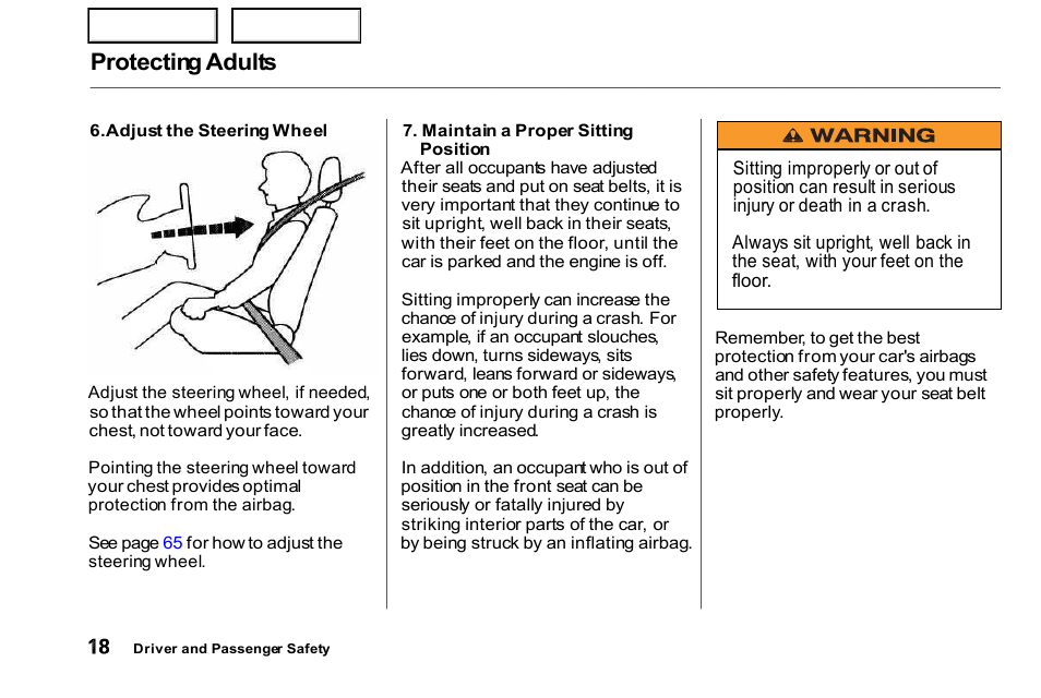 Protecting adults | HONDA 2000 Civic Coupe - Owner's Manual User Manual | Page 21 / 277