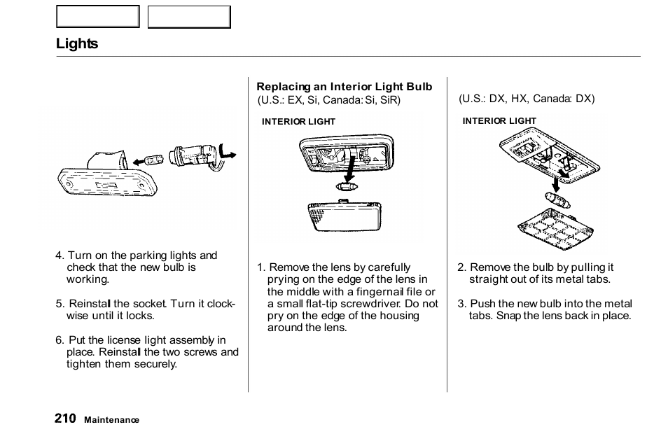 Lights | HONDA 2000 Civic Coupe - Owner's Manual User Manual | Page 213 / 277