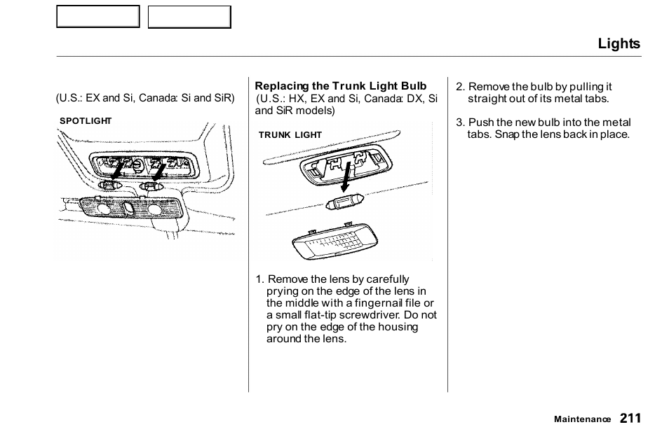 Lights | HONDA 2000 Civic Coupe - Owner's Manual User Manual | Page 214 / 277