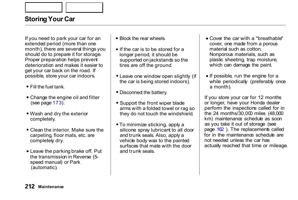 Storing your car | HONDA 2000 Civic Coupe - Owner's Manual User Manual | Page 215 / 277