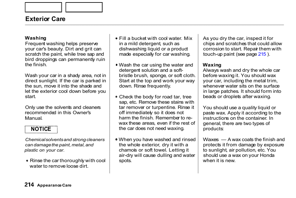 Exterior care | HONDA 2000 Civic Coupe - Owner's Manual User Manual | Page 217 / 277