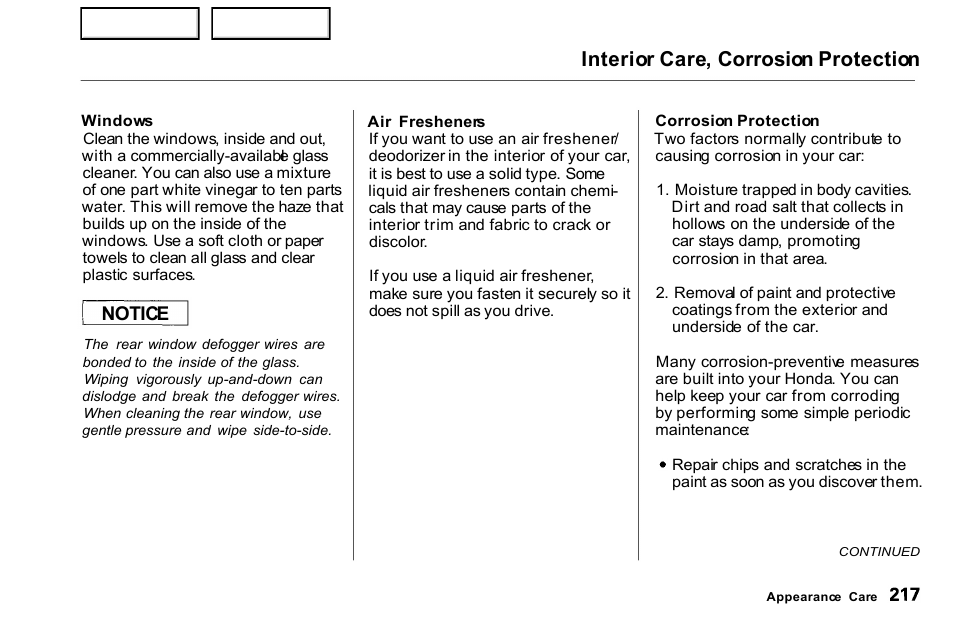 Interior care, corrosion protection, Notice | HONDA 2000 Civic Coupe - Owner's Manual User Manual | Page 220 / 277