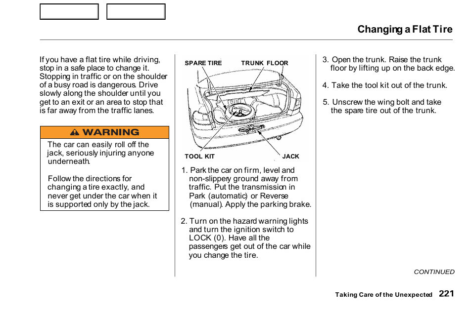 Changing a flat tire | HONDA 2000 Civic Coupe - Owner's Manual User Manual | Page 224 / 277