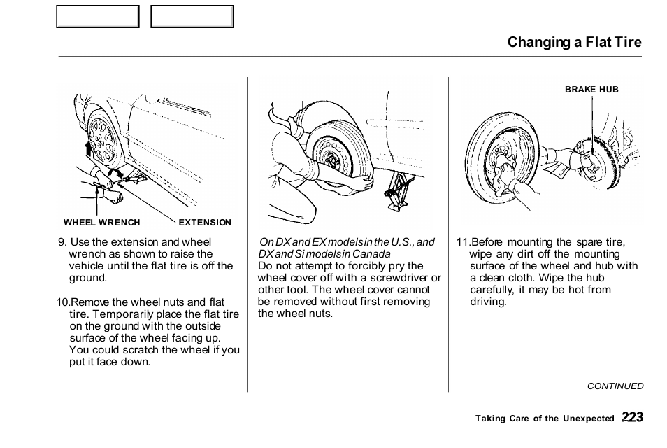 Changing a flat tire | HONDA 2000 Civic Coupe - Owner's Manual User Manual | Page 226 / 277