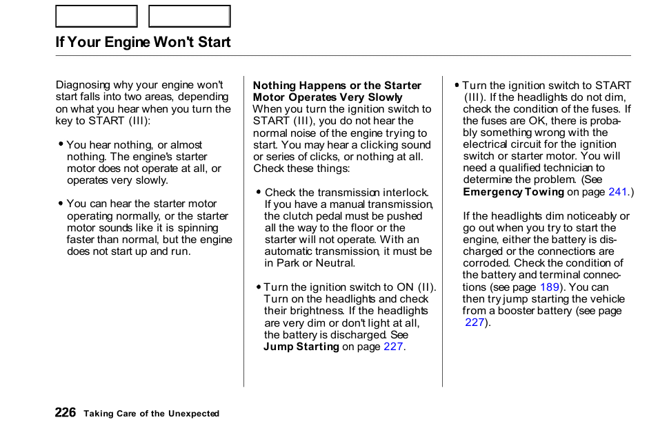 If your engine won't start | HONDA 2000 Civic Coupe - Owner's Manual User Manual | Page 229 / 277