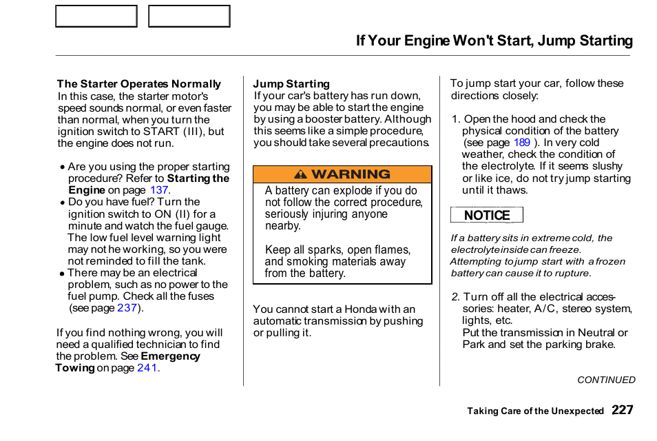 If your engine won't start, jump starting, Notice | HONDA 2000 Civic Coupe - Owner's Manual User Manual | Page 230 / 277