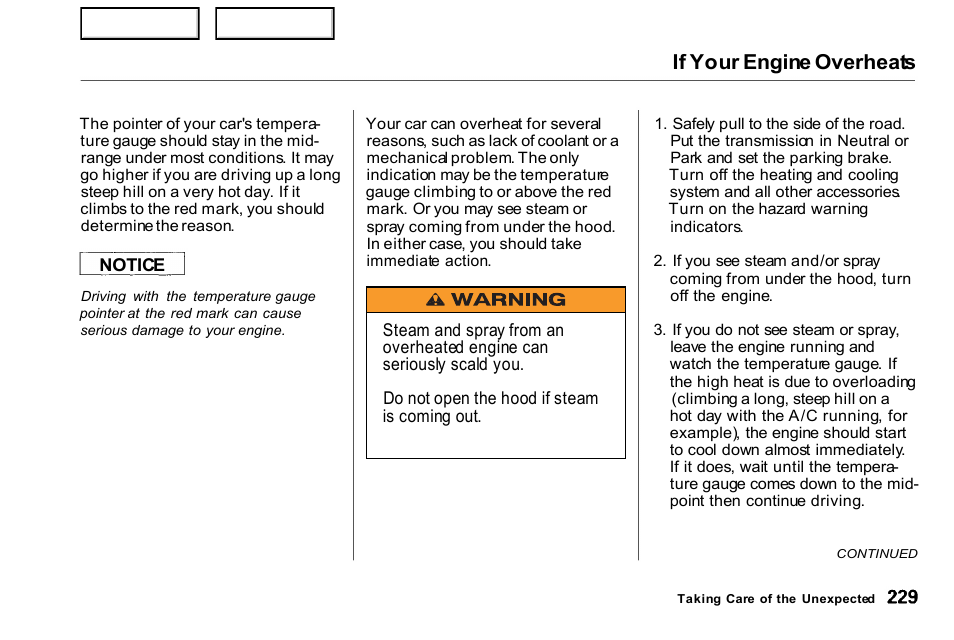 If your engine overheats | HONDA 2000 Civic Coupe - Owner's Manual User Manual | Page 232 / 277