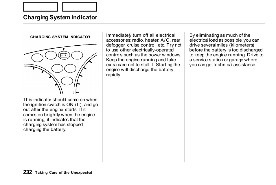 Charging system indicator | HONDA 2000 Civic Coupe - Owner's Manual User Manual | Page 235 / 277