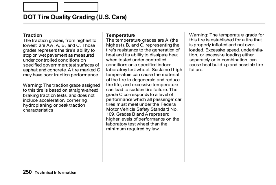 Traction, Dot tire quality grading (u.s. cars) | HONDA 2000 Civic Coupe - Owner's Manual User Manual | Page 253 / 277