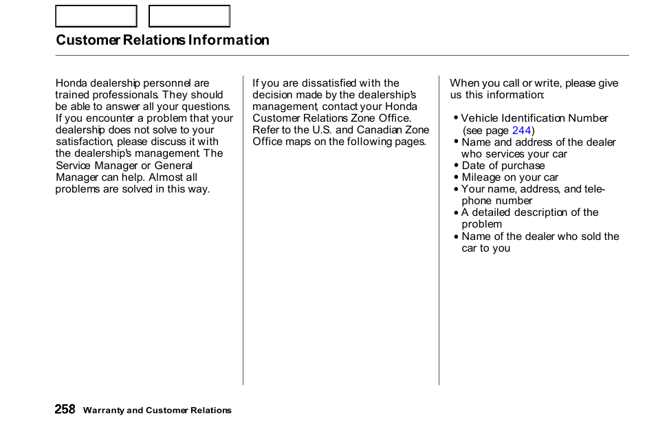 Customer relations information | HONDA 2000 Civic Coupe - Owner's Manual User Manual | Page 261 / 277