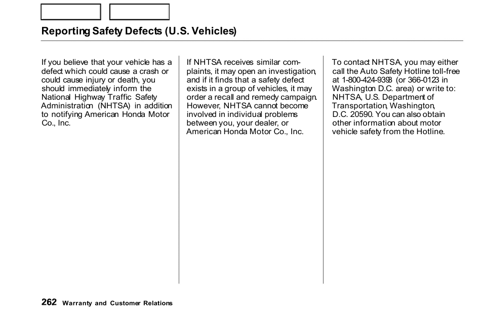 Reporting safety defects (u.s. vehicles) | HONDA 2000 Civic Coupe - Owner's Manual User Manual | Page 265 / 277