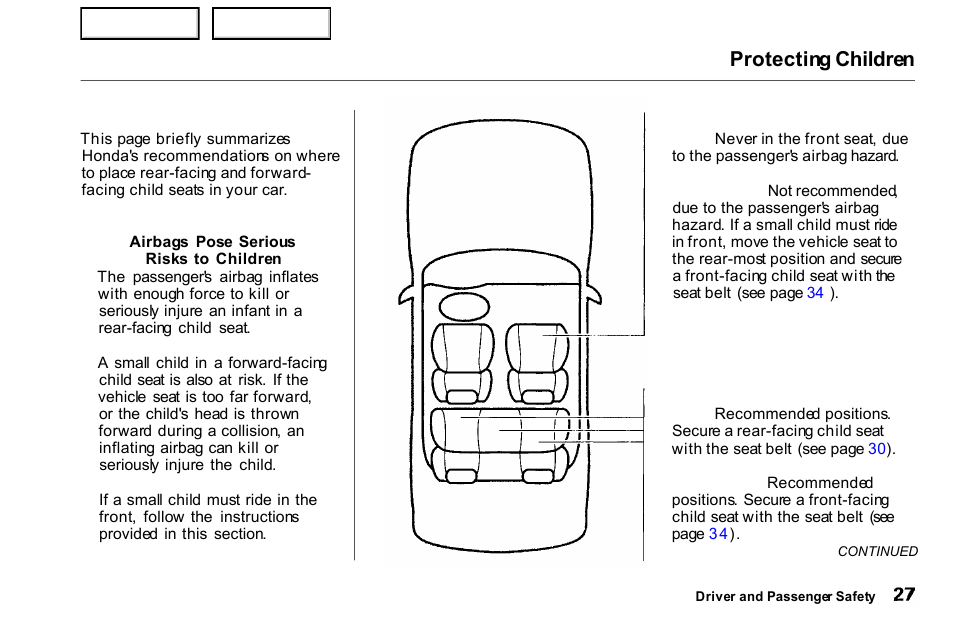 Protecting children | HONDA 2000 Civic Coupe - Owner's Manual User Manual | Page 30 / 277