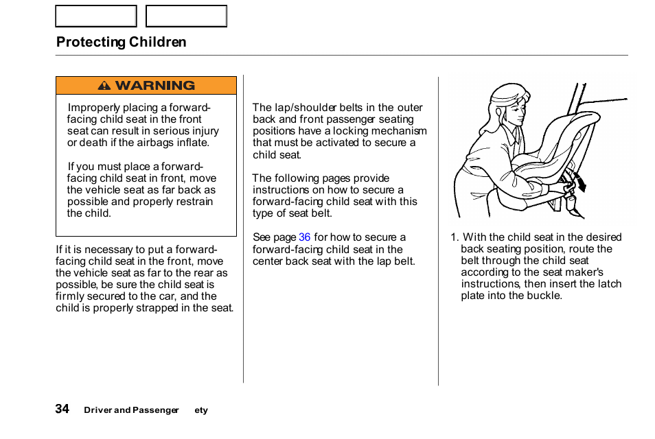 Protecting children | HONDA 2000 Civic Coupe - Owner's Manual User Manual | Page 37 / 277