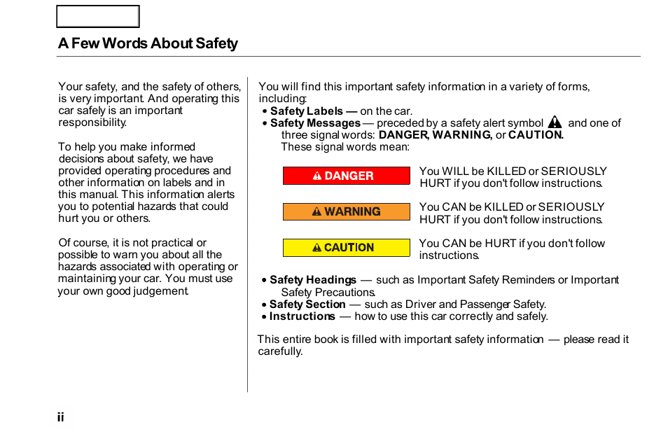 A few words about safety | HONDA 2000 Civic Coupe - Owner's Manual User Manual | Page 4 / 277
