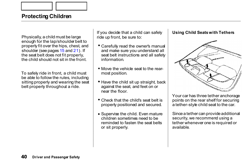 Tethers, Protecting children | HONDA 2000 Civic Coupe - Owner's Manual User Manual | Page 43 / 277