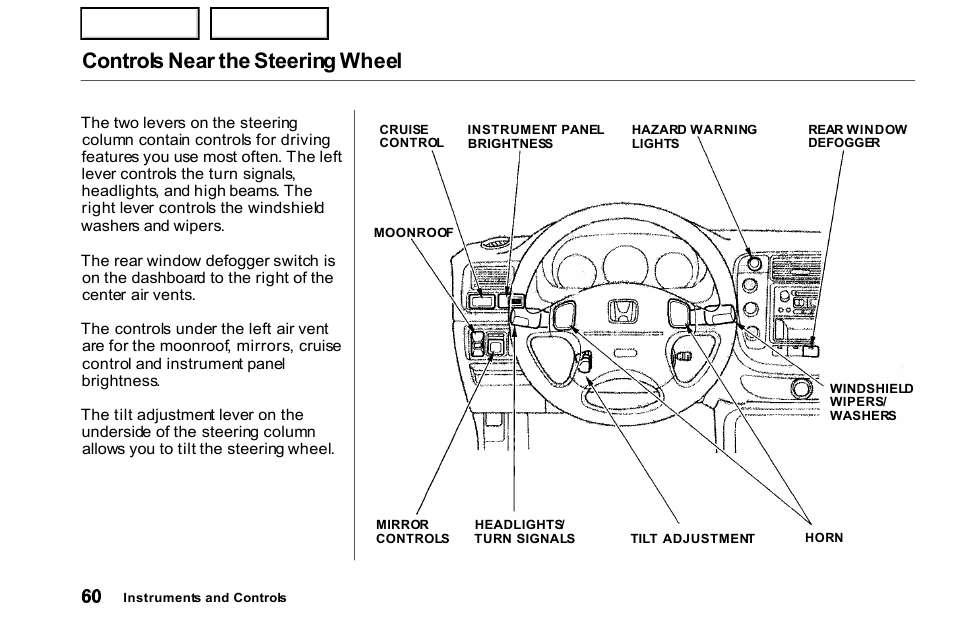 Wheel, Controls near the steering wheel | HONDA 2000 Civic Coupe - Owner's Manual User Manual | Page 63 / 277