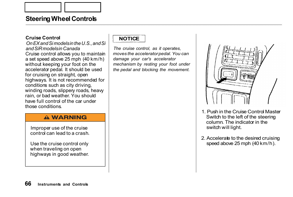 Steering wheel controls | HONDA 2000 Civic Coupe - Owner's Manual User Manual | Page 69 / 277