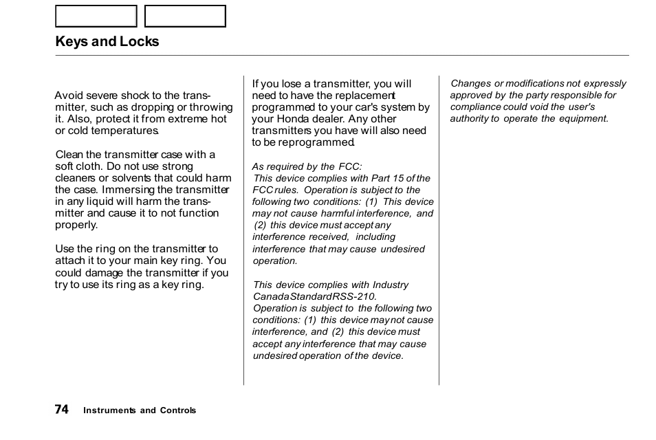 Keys and locks | HONDA 2000 Civic Coupe - Owner's Manual User Manual | Page 77 / 277