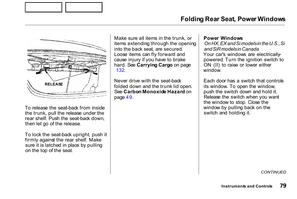 Folding rear seat, power windows | HONDA 2000 Civic Coupe - Owner's Manual User Manual | Page 82 / 277