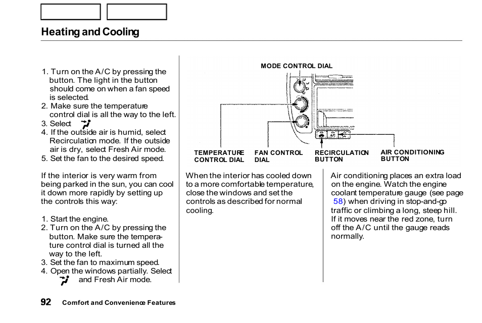 Heating and cooling | HONDA 2000 Civic Coupe - Owner's Manual User Manual | Page 95 / 277