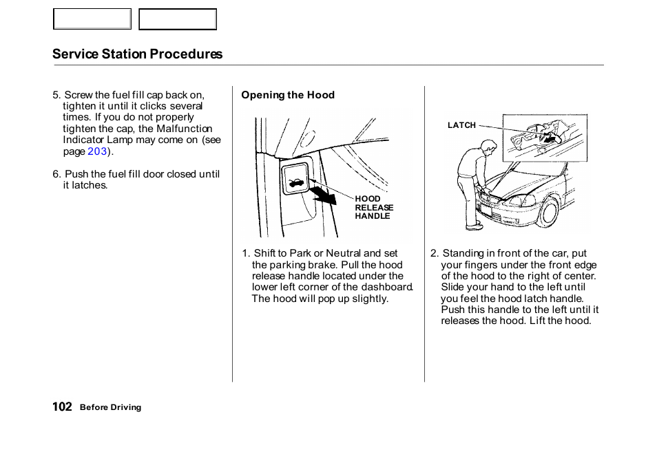 Service station procedures | HONDA 2000 Civic Hatchback - Owner's Manual User Manual | Page 105 / 245