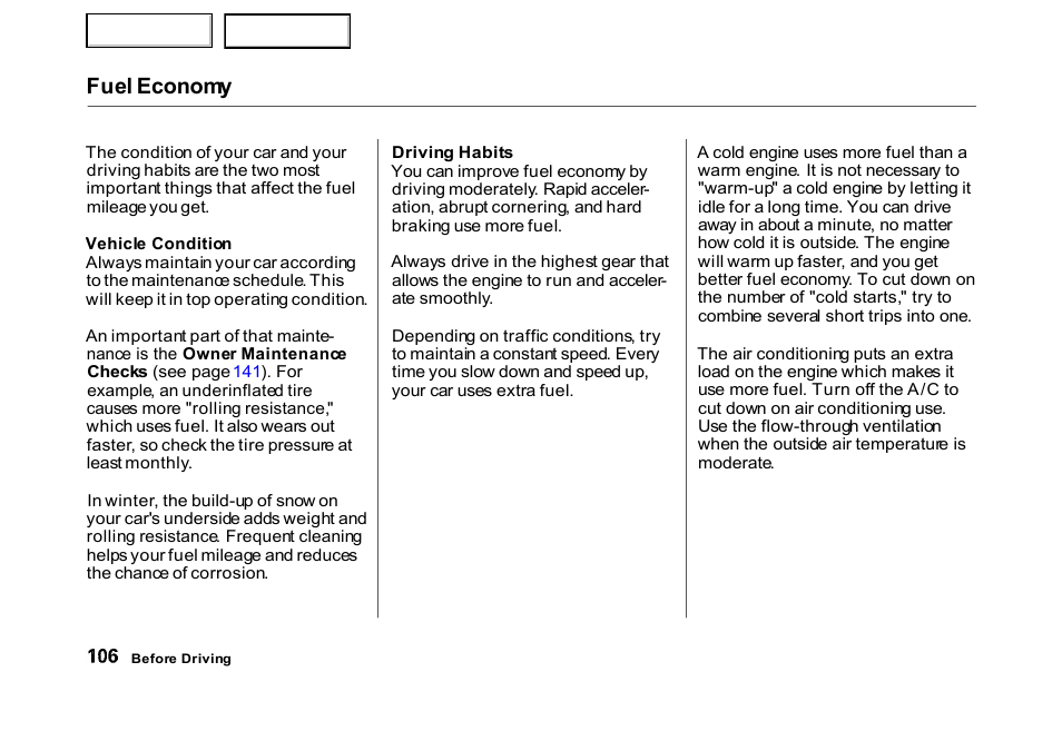 Fuel economy | HONDA 2000 Civic Hatchback - Owner's Manual User Manual | Page 109 / 245