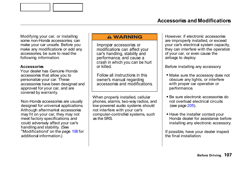 Accessories and modifications | HONDA 2000 Civic Hatchback - Owner's Manual User Manual | Page 110 / 245