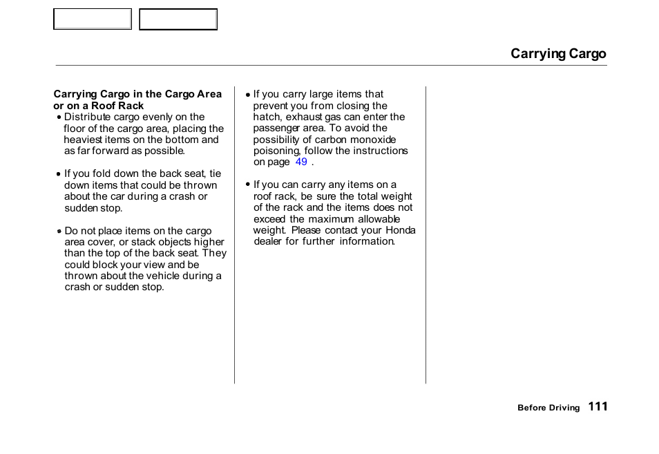 Carrying cargo | HONDA 2000 Civic Hatchback - Owner's Manual User Manual | Page 114 / 245