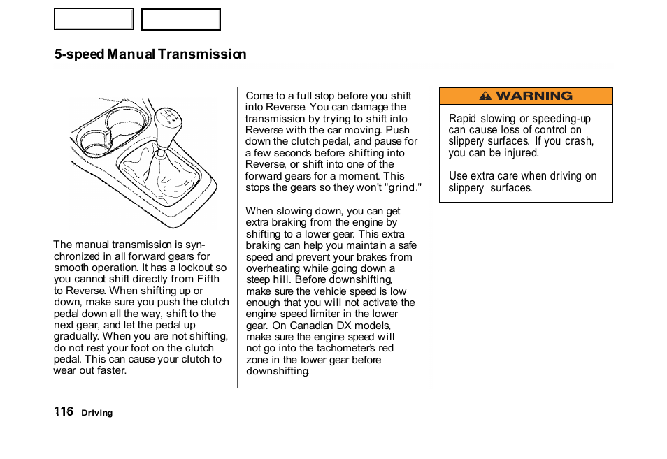 Speed manual transmission | HONDA 2000 Civic Hatchback - Owner's Manual User Manual | Page 119 / 245