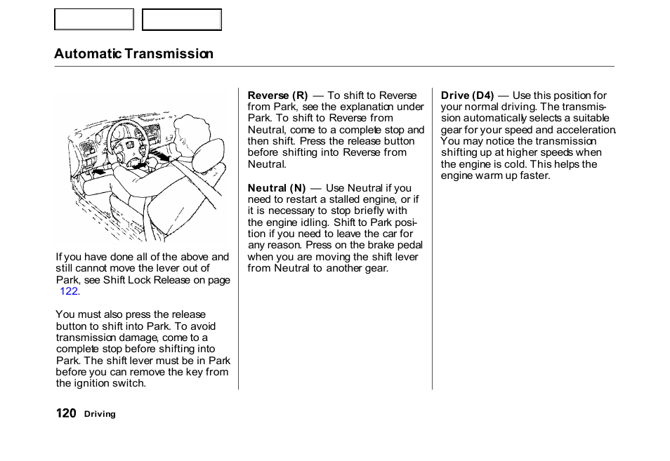 Automatic transmission | HONDA 2000 Civic Hatchback - Owner's Manual User Manual | Page 123 / 245