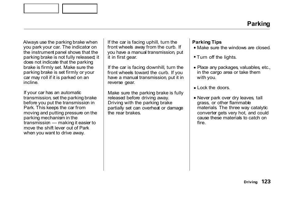 Parking | HONDA 2000 Civic Hatchback - Owner's Manual User Manual | Page 126 / 245