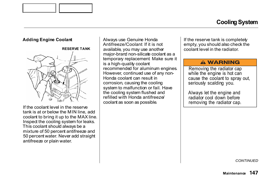 Cooling system | HONDA 2000 Civic Hatchback - Owner's Manual User Manual | Page 150 / 245