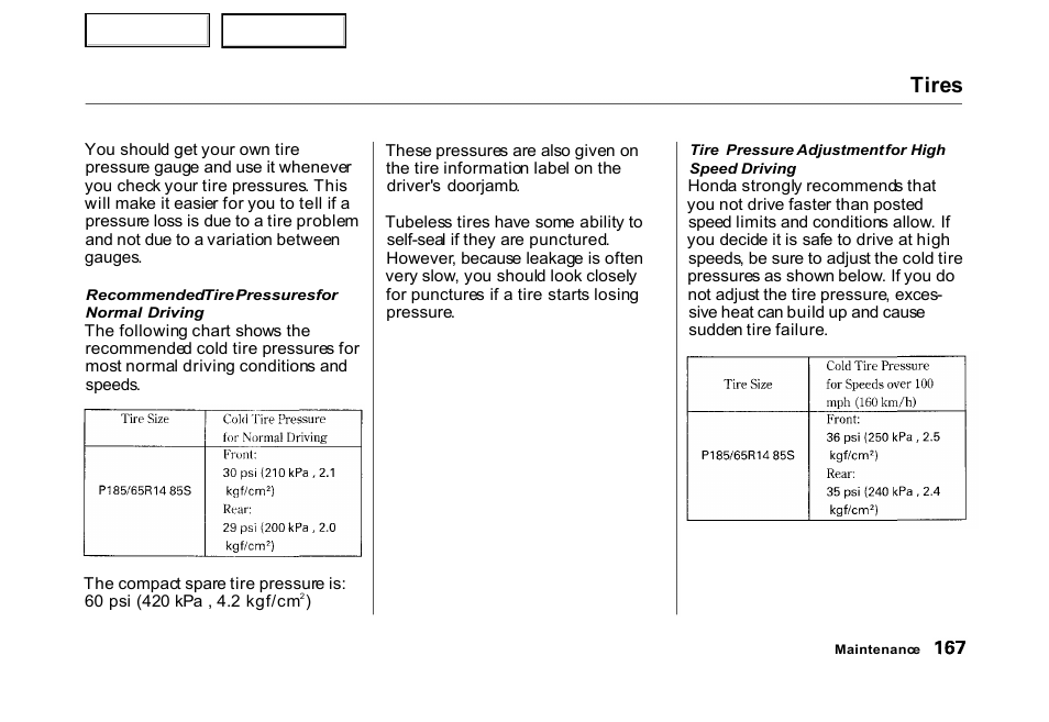 Tires | HONDA 2000 Civic Hatchback - Owner's Manual User Manual | Page 170 / 245