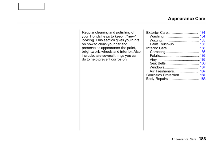 Appearance care | HONDA 2000 Civic Hatchback - Owner's Manual User Manual | Page 186 / 245