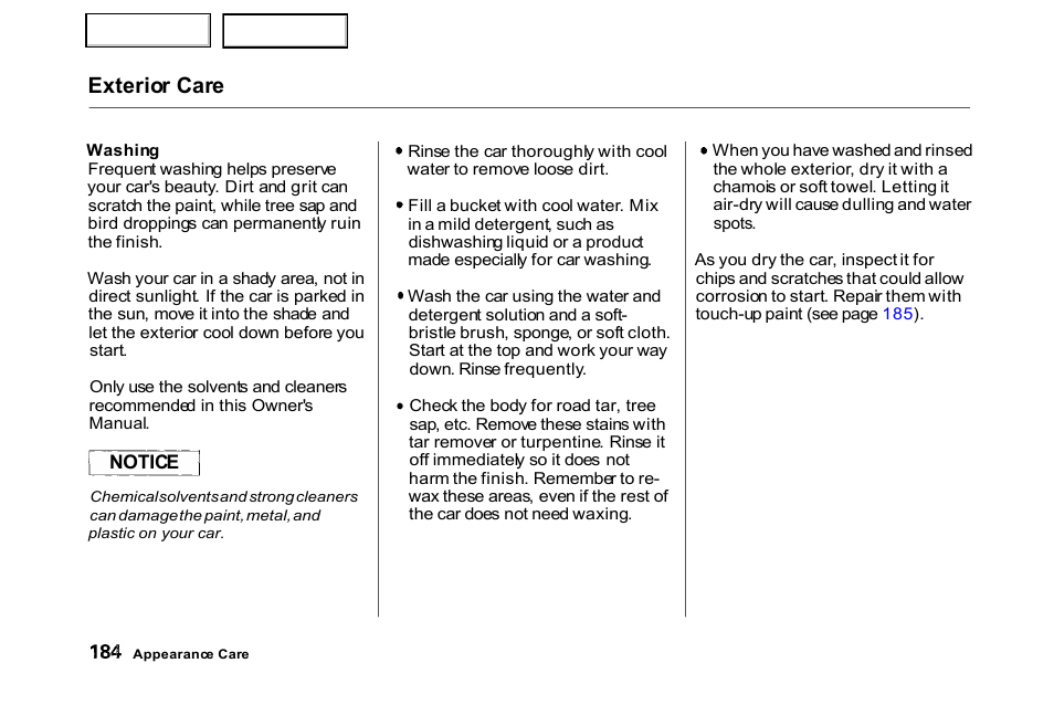 Exterior care | HONDA 2000 Civic Hatchback - Owner's Manual User Manual | Page 187 / 245